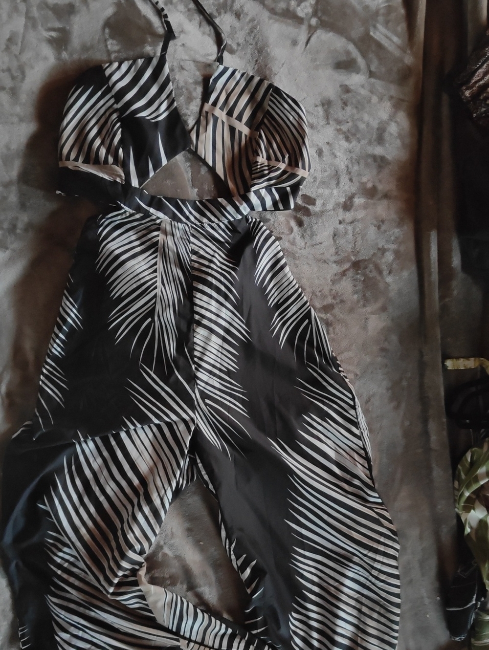 Black & White Palm-Print Cutout Jumpsuit